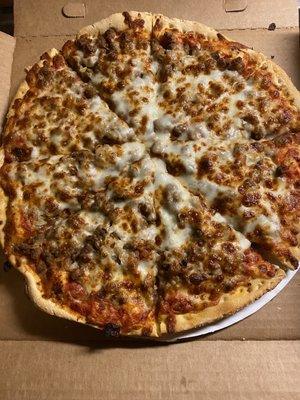 Sausage, onion, and extra cheese.