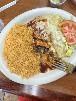 Green and red enchiladas with rice.