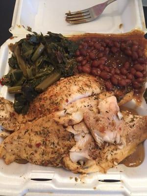 Jerk Whitening Fish. Collard Greens and BBQ Baked Beans. Amazing dish!