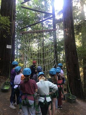 Participants getting ready for the Vertical Playpen, a 35 foot element hung between 2 redwood trees