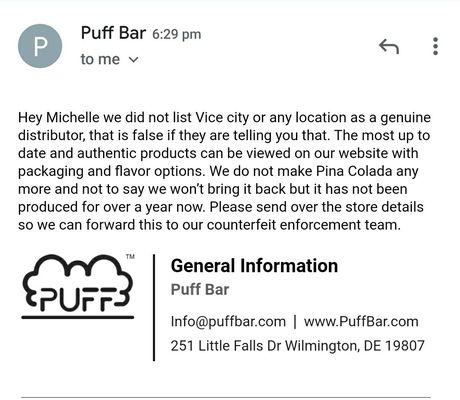 A note from the manufacturer confirming Vice City Smoke Shop sells fakes!