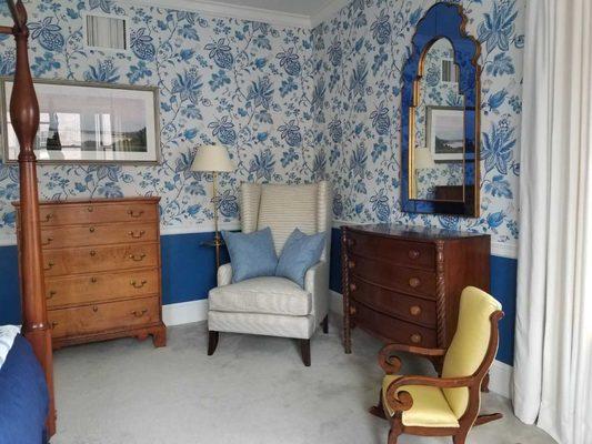 Bedroom re-design using a backdrop of Thibaut wallpaper and Bermuda blue paint, mixing new and old pieces.