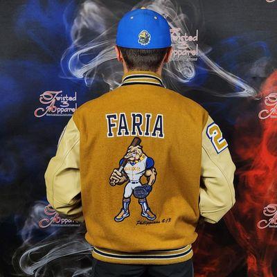 Turlock High school Custom Letterman Jacket with a Advanced back design. This is fully embroidered and is not a patch.