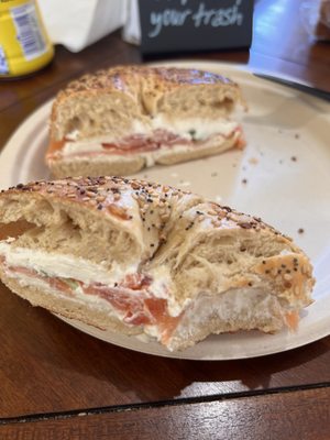 Foxy Loxy: Nova Lox on an everything bagel with cream cheese and green onions!