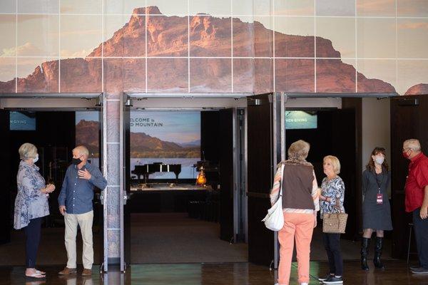 Greeters will welcome you as you enter the main sanctuary.