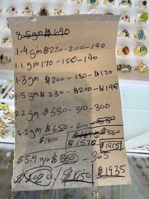 Paper receipt how they list the OUT THE DOOR PRICE, then slowly reduce by pennies.  $2,020 down to $1,950 down to $1,935 +/- ...5% discount