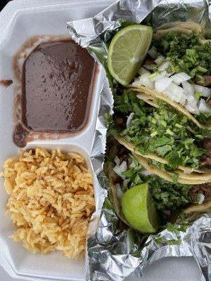 Beef tacos with rice and beans