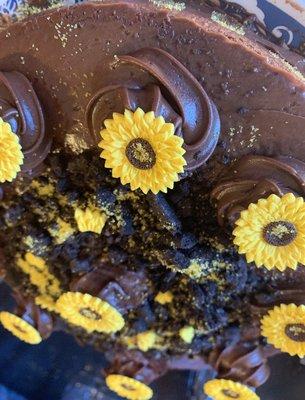 Chocolate 3 layer cake with sunflowers