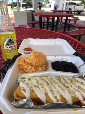 Chicken Chimichanga meal with a Pineapple Jarritos.