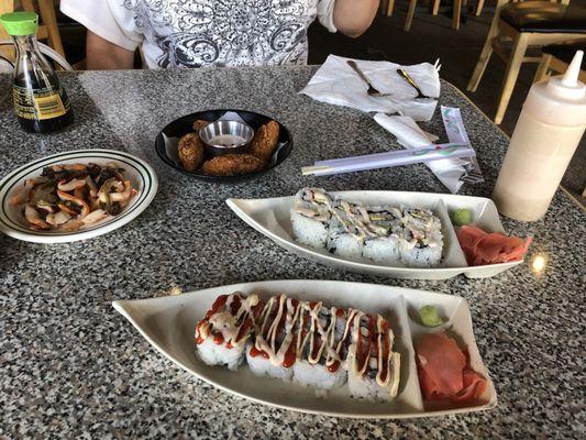 Squid salad app/ fried oysters (oh man amazing/ California Roll & Spicy Tuna