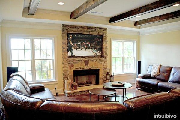 TV recess in stone fireplace