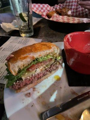 Incredibly yummy bleu cheese burger cooked to medium rare perfection!