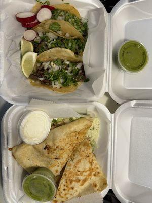 Steak tacos and chicken quesadilla