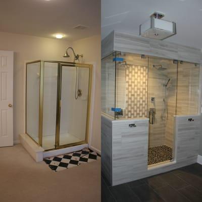 Before & After From Fiberglass to Ceramic Tile Dual Showerheads w/Handheld Wand