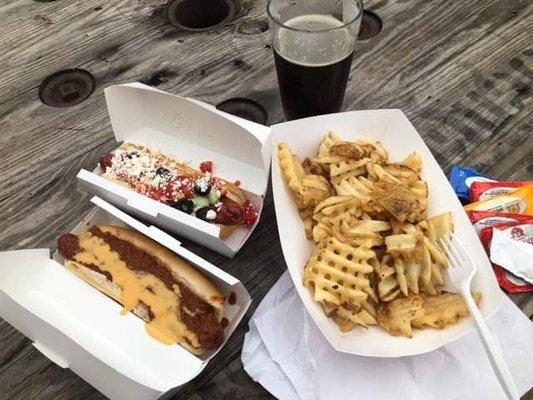 Chili dog, Greek dog, fry basket.