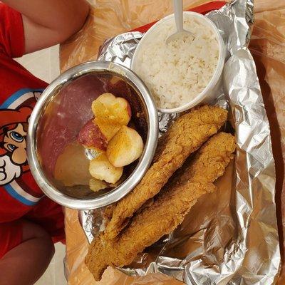 Fried Catfish Platter with rice and potatoes