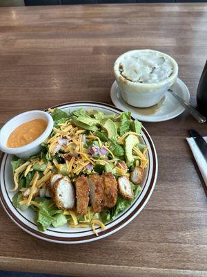 Crispy chicken salad and French onion soup