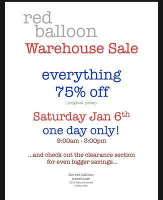 One day only! Red Balloon Warehouse sale! 75% off!!