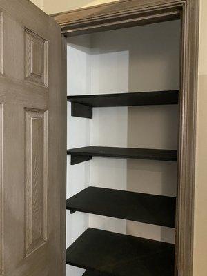 Builder grade to custom made pantry including paint and stain and shelving