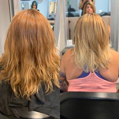 Before and after. Full head of highlights and haircut done by Carol