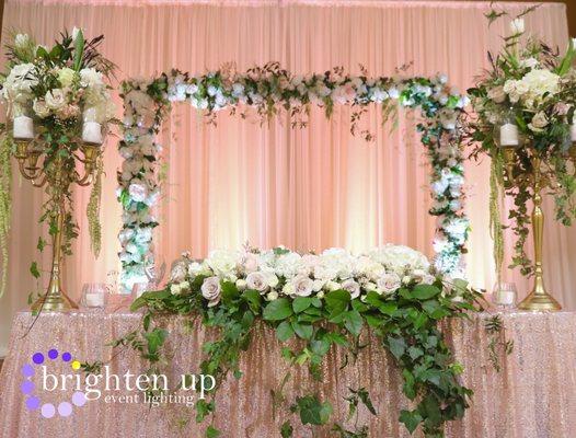 Rocklin Event Center Head Table Backdrop Sacramento Wedding Blush Uplighting | Brighten Up Event Lighting