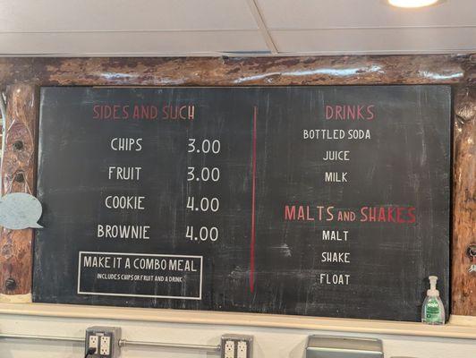 Sides, drinks, shakes menu