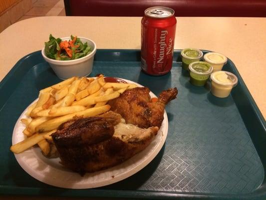 Half chicken with fries and a Coke, $11.22 after tax.