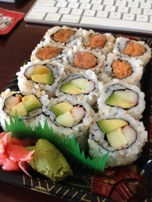 Spicy tuna roll and California roll. Comes with miso soup for $6.99 as one of the lunch specials.