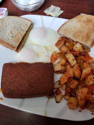 #7 Eggs, scrapple, home fries, toast $5