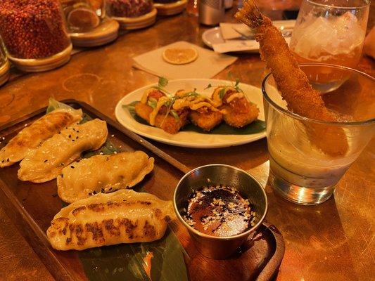 Gyoza, crispy rice and Leche de tigre ( $9 each on happy hour