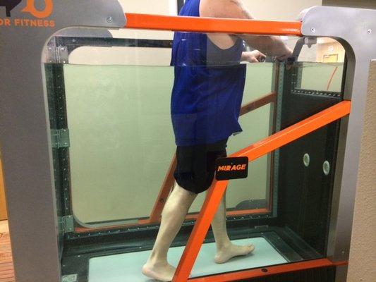 Underwater treadmill with no chemicals. The ultraviolet light kills bacteria so your exercise without inhaling harmful chemicals