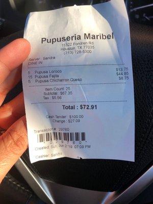 No sean estafadores, ya se pasan, es demasiado lo q cobran por las pupusas 25 pupusas por $72.91 eso es un robo.