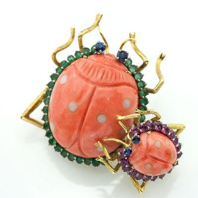 Lovely Coral ladybugs brooch with color gems.