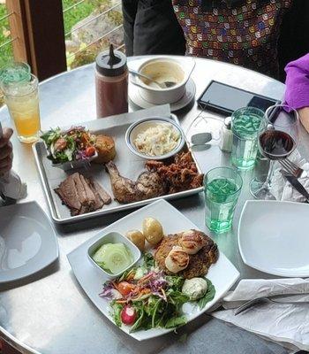 BBQ sampler, Maryland crab cakes with scallops, butternut squash soup, apple cider sangria, and  Sweet Walter Blackberry wine.