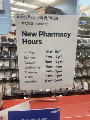 New pharmacy hours as of 3/19/23