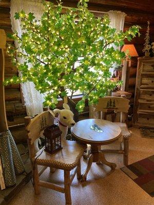 Green Lit Maple Tree / Local Made Table and Chairs