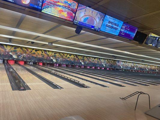 View of the lanes and the overhead automated electronic scoring system.