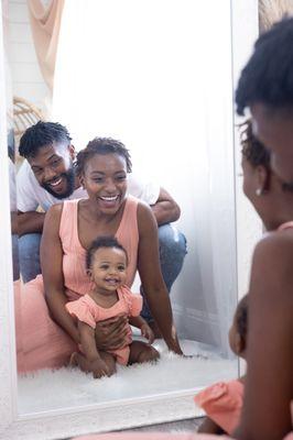 Cute family photos in rented photography studio in Huntington Beach