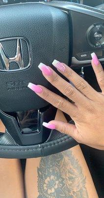 Coffin pink & white ombre nails with a sparkle accent nail