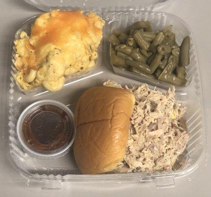 Turkey bbq, green beans, mac and cheese