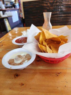 Chips, salsa and bean dip