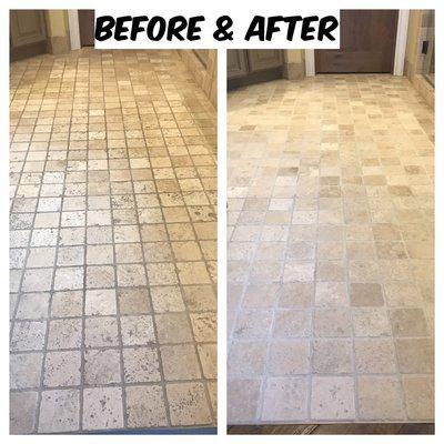 Travertine tile floor fully restored to its original beauty