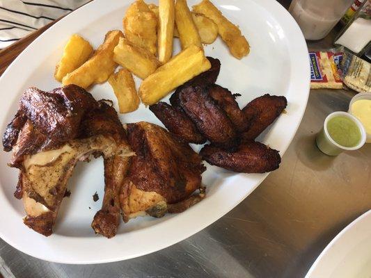 1/2 a rotisserie chicken, fried yuca and fried sweet plantains. I'm making this my lunch tomorrow.