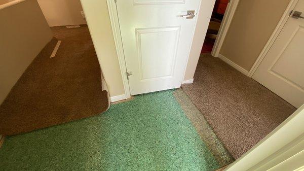 New carpet and pad on the left. Old carpet on the right.