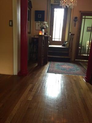 The check-in desk and the stairs that lead up to the treatment/massage rooms