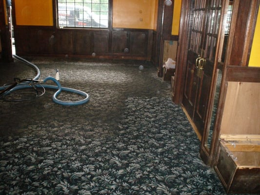 Contrast of carpet cleaning in a restaurant.