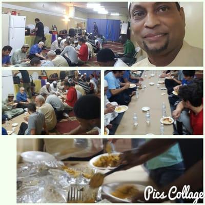 Serving dinner and everybody enjoying the meals..