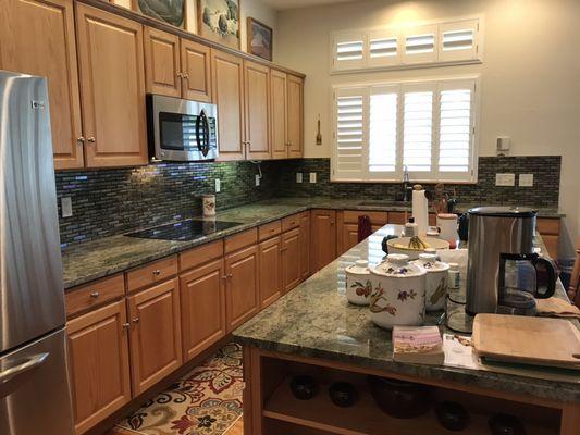 Glass mosaic kitchen backsplash.