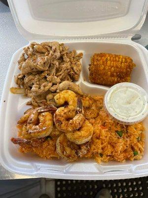 Chicken kabob plate with shrimp rice and Cajun corn