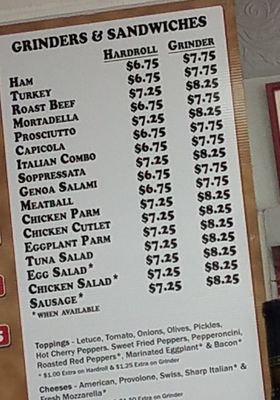 sandwich and grinder pricing